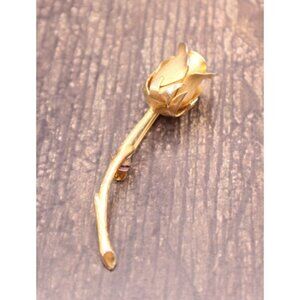 Single Rose Floral Flower Brooch Long Stem Elegant Jewelry Gold Tone Lapel Vtg